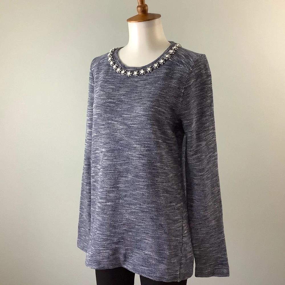 J. Crew Navy Marled Sweatshirt with Jeweled Neckline Size S